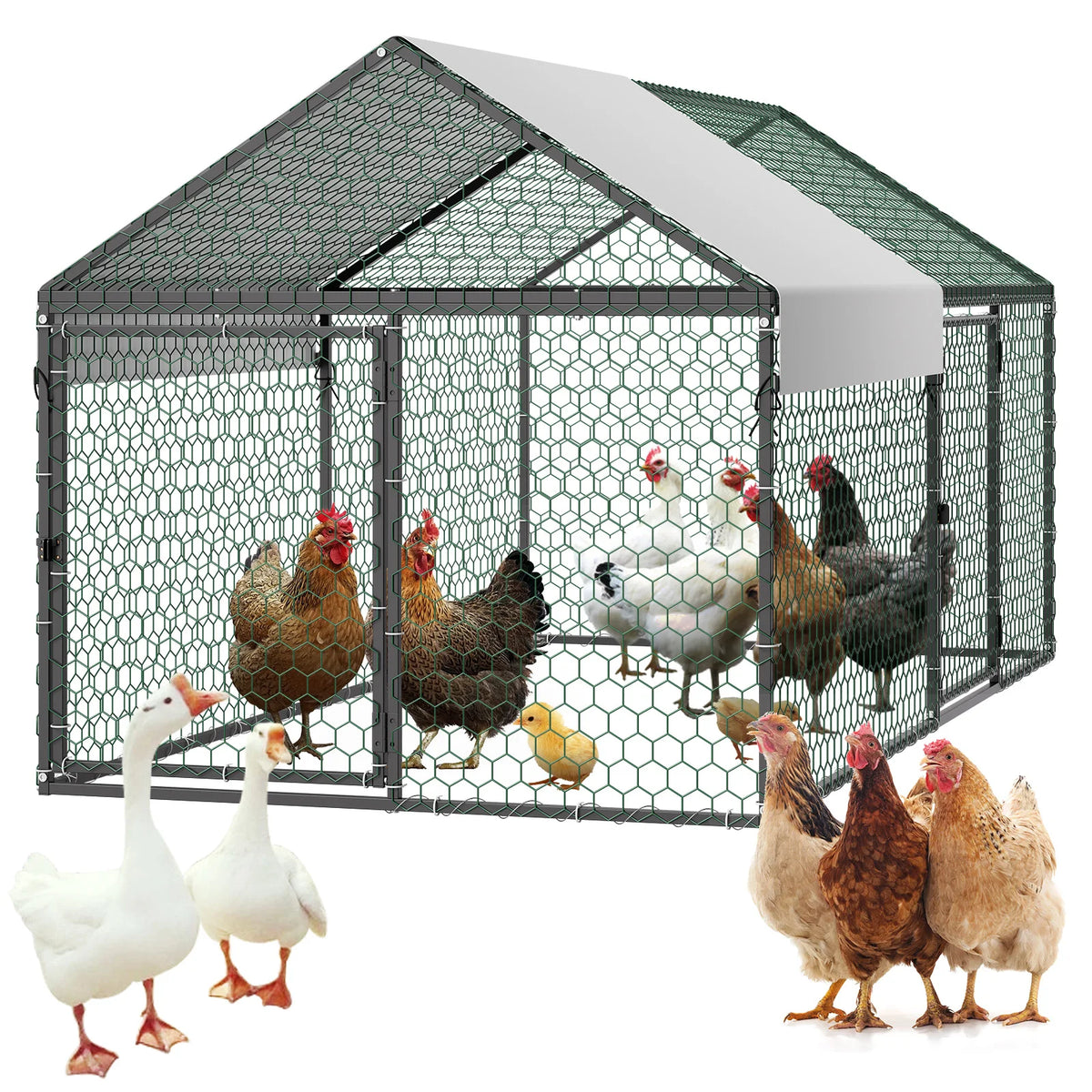 SucceBuy Metal Chicken Coop With Waterproof Cover And Spire Roof