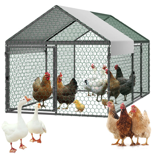 SucceBuy Metal Chicken Coop With Waterproof Cover And Spire Roof