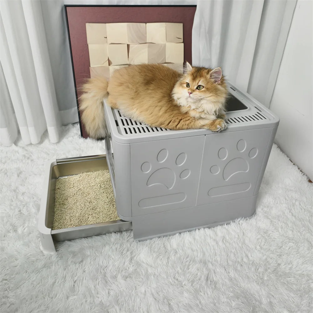 Enclosed Top Entry Stainless Steel Cat Litter Box With Scoop