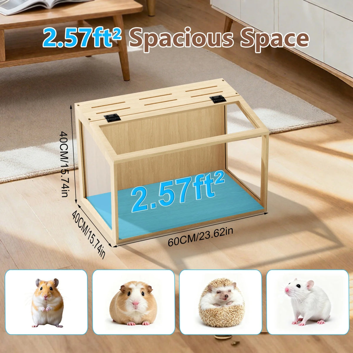 Chewproof Wooden Hamster Cage With Glass And Led Lighting