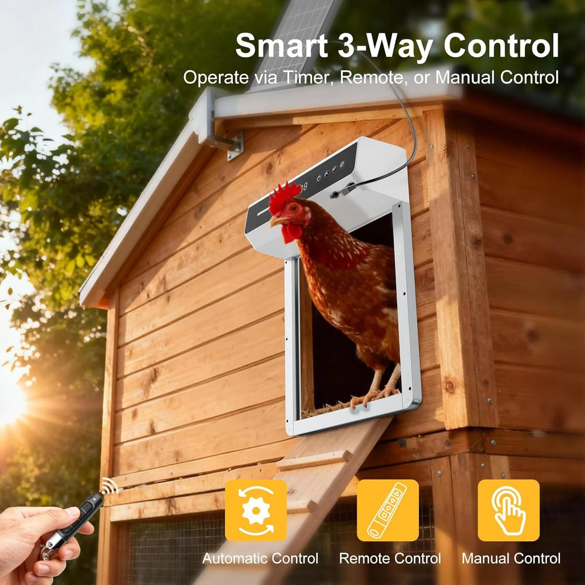 Solar Powered Chicken Coop Door Automatic Rolling Shutter Door with LCD Display Screen, Light Sensing Timed Pet Door，Support USB Charging Auto Open Close Chicken Door for Farm Backyard