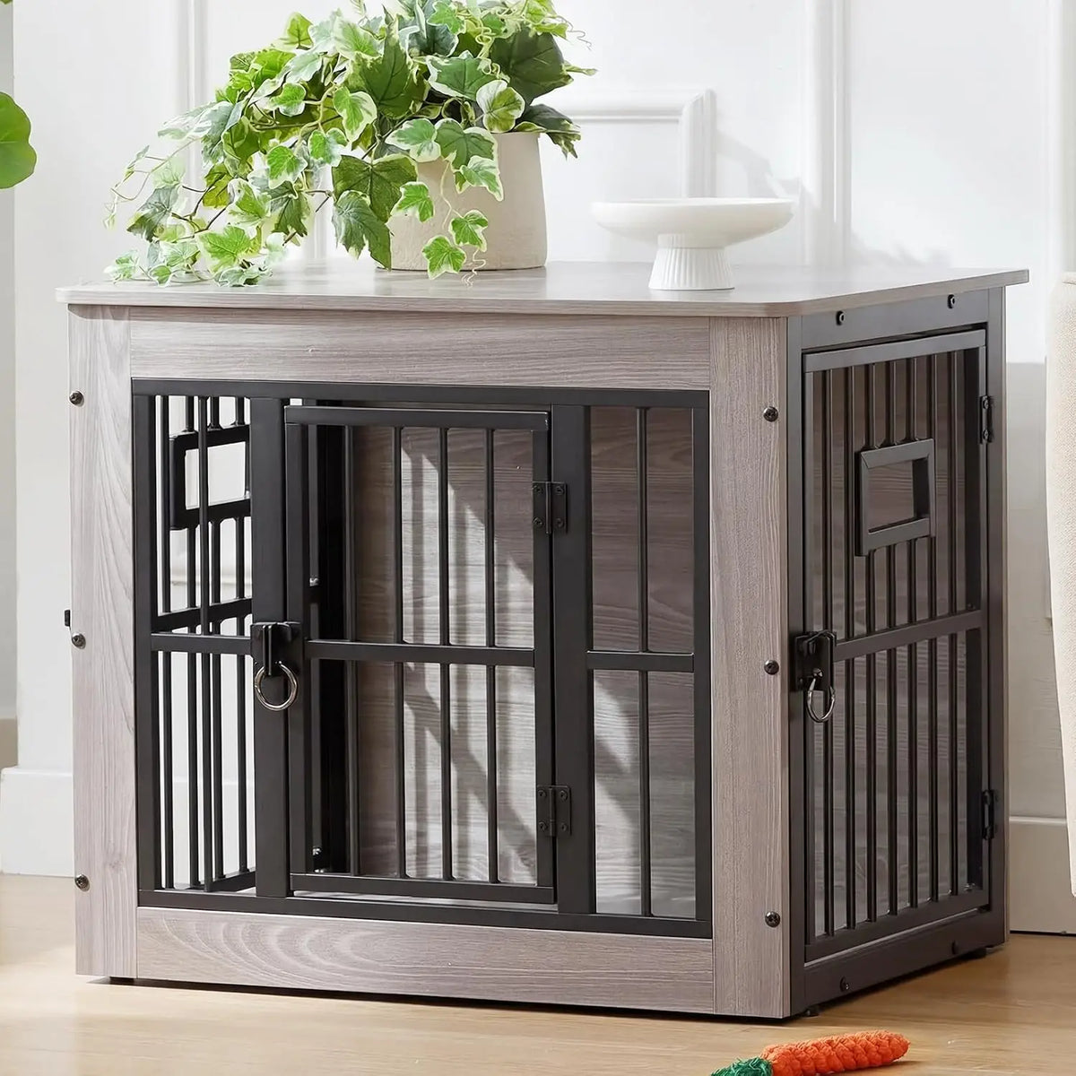 27 Inch Heavy Duty Dog Crate Furniture for Puppy/Small Dogs, Decorative Pet House End Table with 3 Doors, Wooden Cage Kennel