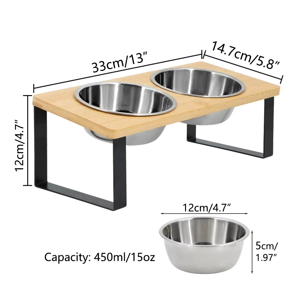 Elevated Cat Bowls With Wooden Stand And Stainless Steel Bowls