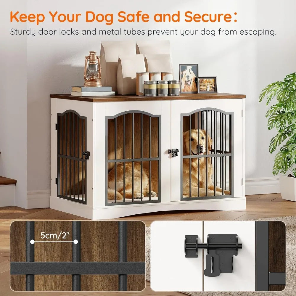 Wooden Dog Crate Furniture - Indoor Kennel, Decorative Pet House Side/End Table TV Stand, White Walnut