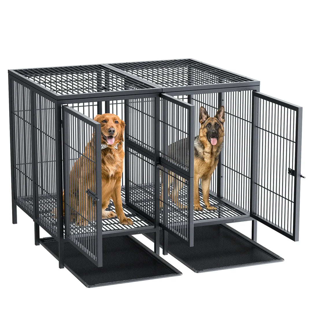 2 in 1 Large Heavy Duty Metal Dog Cage Double Dog Crate Kennel with Removable Divider for 2 Dogs