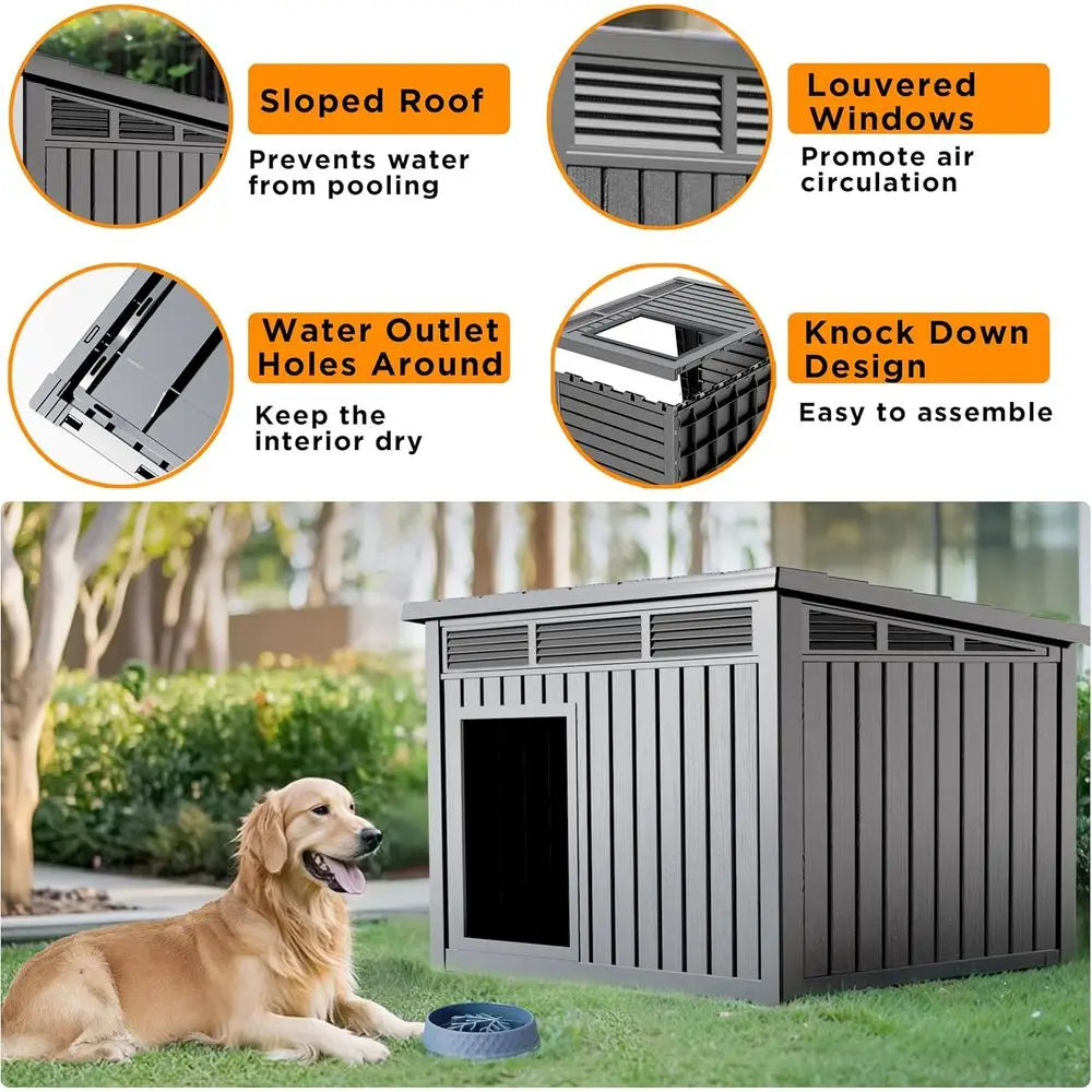 Dog House Outdoor, Indoor Dog House Medium Size Dog with Weatherproo PP Resin Material, Doghouse Outdoor with Openable Roo or Ea