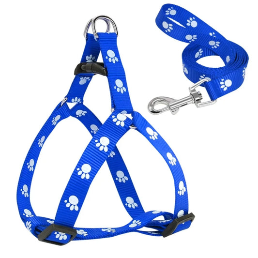 Nylon Dog Harness and Leash Set Adjustable Paw Print Dog Harness Walking Leash Strap  Small Medium Dogs S/M/L