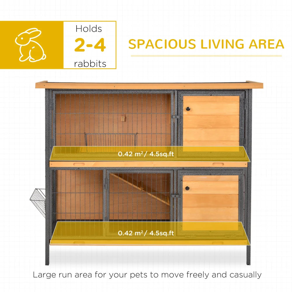 2-Story Large Rabbit Hutch Bunny Cage Wooden Pet House Metal Frame with Individual Room, Ramp, No Leak Tray, Feeding Trough