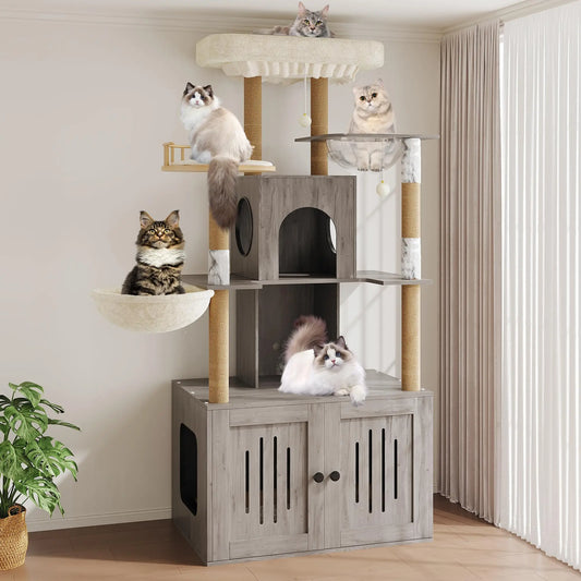 Multi-Level Cat Tree with Hidden Litter Box Enclosure Sisal Scratching Posts Condo & Hammock for Large Indoor Cats Modern Litter Box Furniture