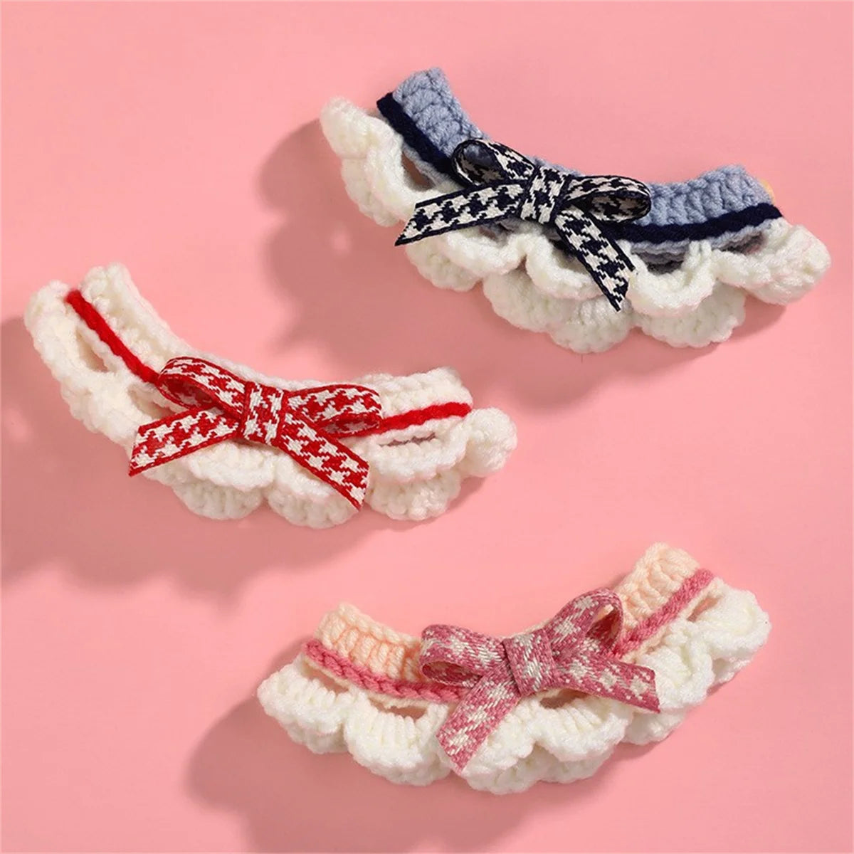 Hand Knitted Pet Collar With Decorative Bow Knot Drool Catcher