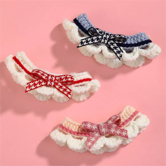 Hand Knitted Pet Collar With Decorative Bow Knot Drool Catcher