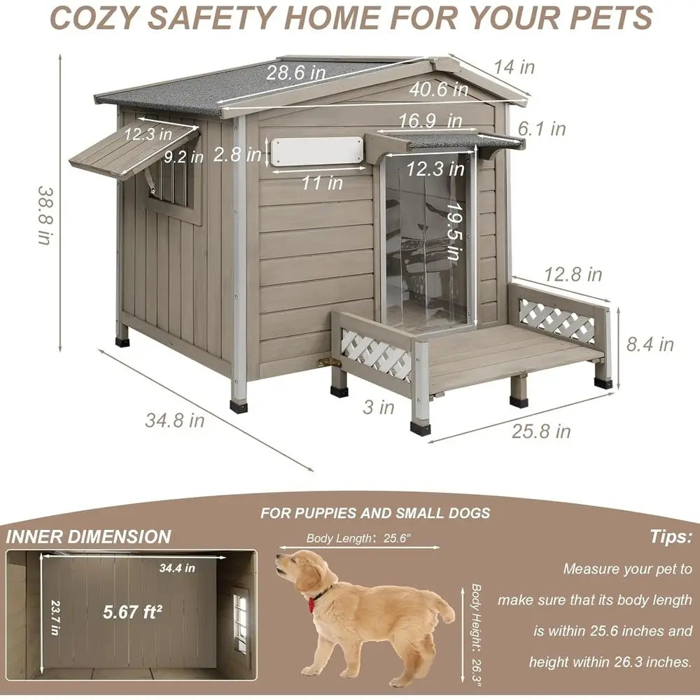 41" L Outdoor Large Dog House with Porch, Removable loor, Raised eet, Anti-Chewing Iron e - Wooden Kennel with Asphalt Roo, Wind