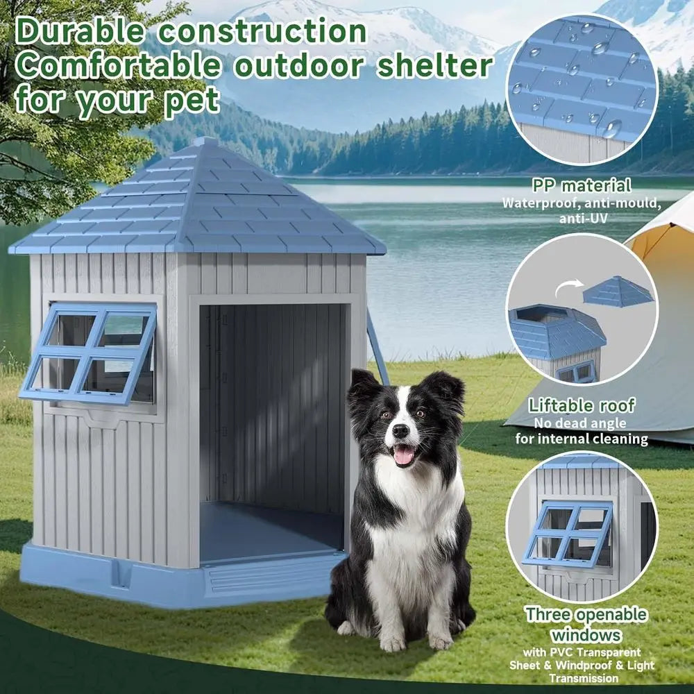 Dog House Indoor Outdoor Durable Large Dog Shelter with Outside Dog Kennel with Window and Elevated loor or Small Medium Dogs