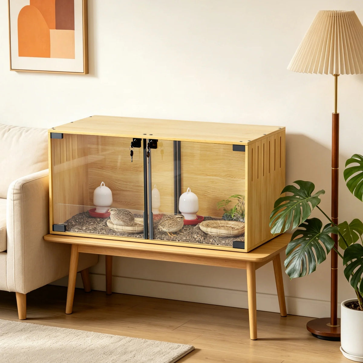 Wooden Small Animal Cage With Glass And Removable Divider