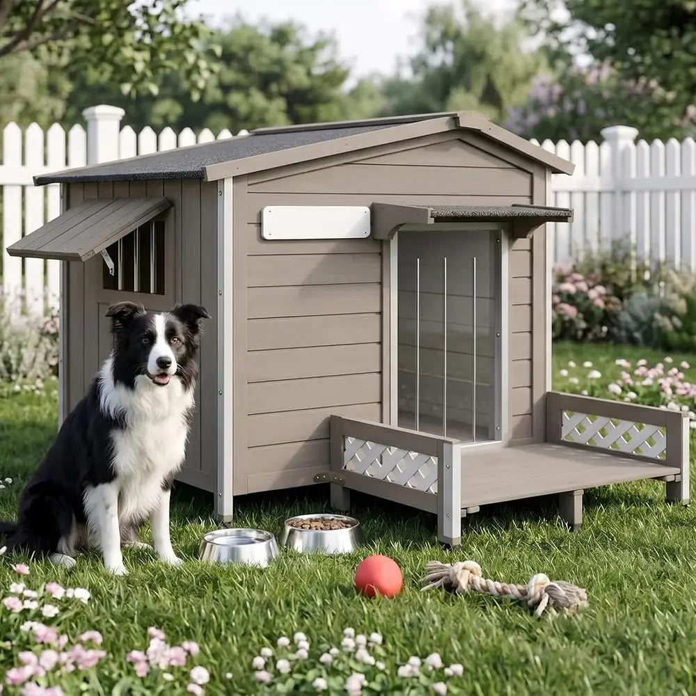 41" L Outdoor Large Dog House with Porch, Removable loor, Raised eet, Anti-Chewing Iron e - Wooden Kennel with Asphalt Roo, Wind