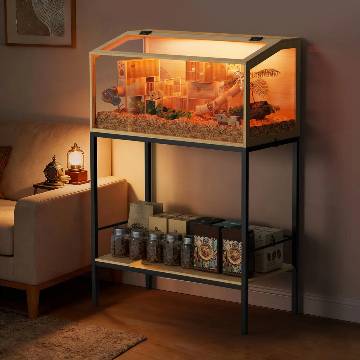 Chewproof Wooden Hamster Cage With Glass And Led Lighting