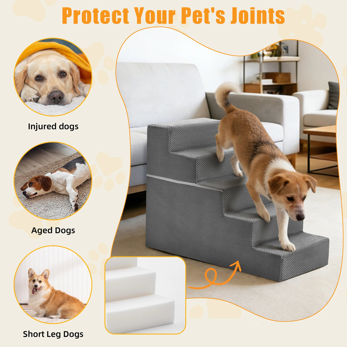 Indoor Right Angled Foam Dog Stairs With Anti Slip Steps