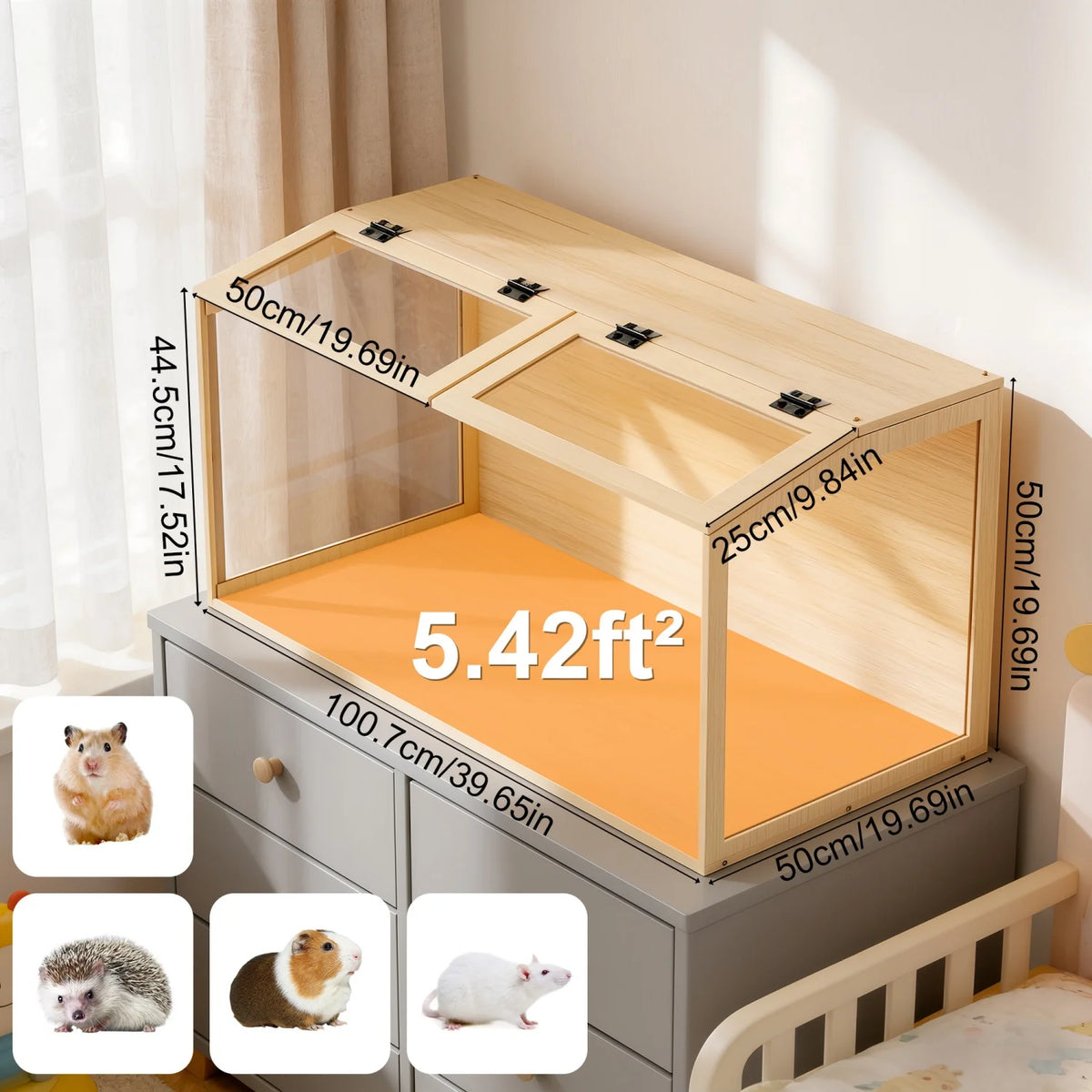 Natural Wood Hamster Cage With Dual Door And Integrated Light