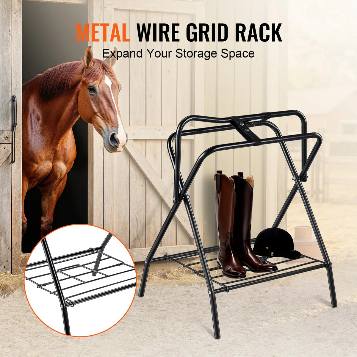 SucceBuy Folding Saddle Rack 28 x 19 x 37.5 in Freestanding Horse Saddle Stand Steel Saddle Rack for English & Western Saddles