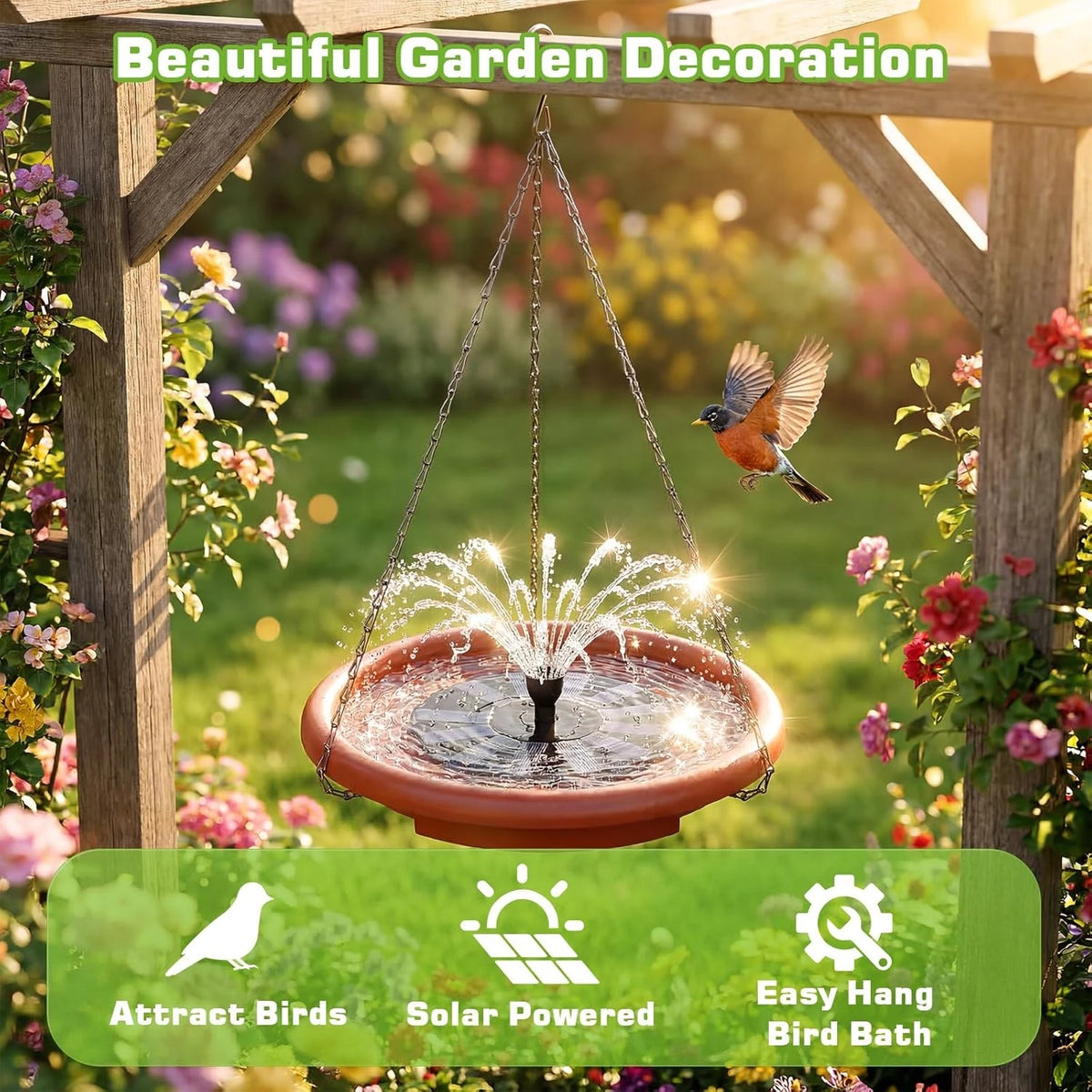 Hanging Solar Bird Bath With Fountain And Feeder For Gardens