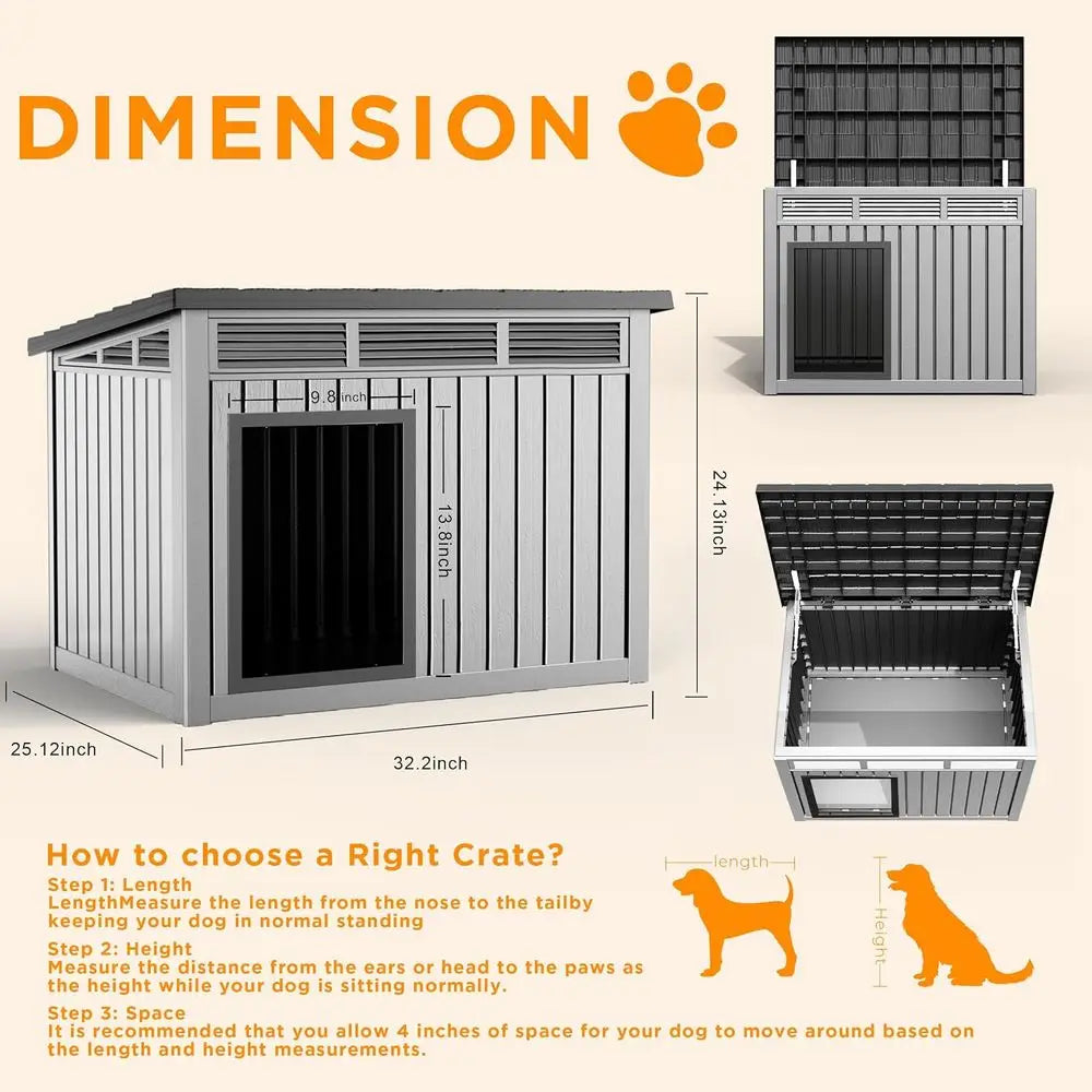 Dog House Outdoor, Indoor Dog House Medium Size Dog with Weatherproo PP Resin Material, Doghouse Outdoor with Openable Roo or Ea