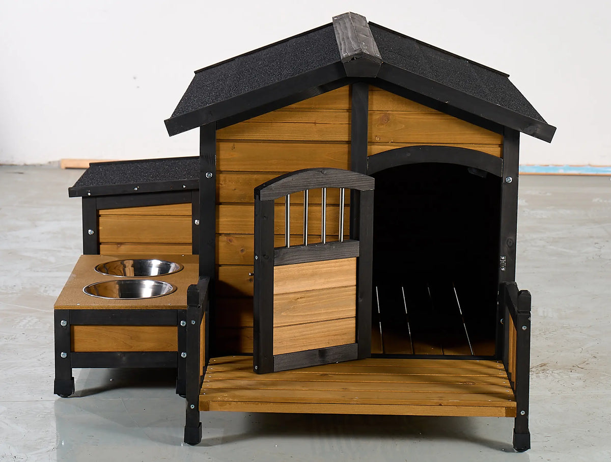 Natural Wood Double-Bowl Dog House Outdoor Waterproof Kennel with Built-In Feeding Bowls And Balcony for Small to Medium Breeds