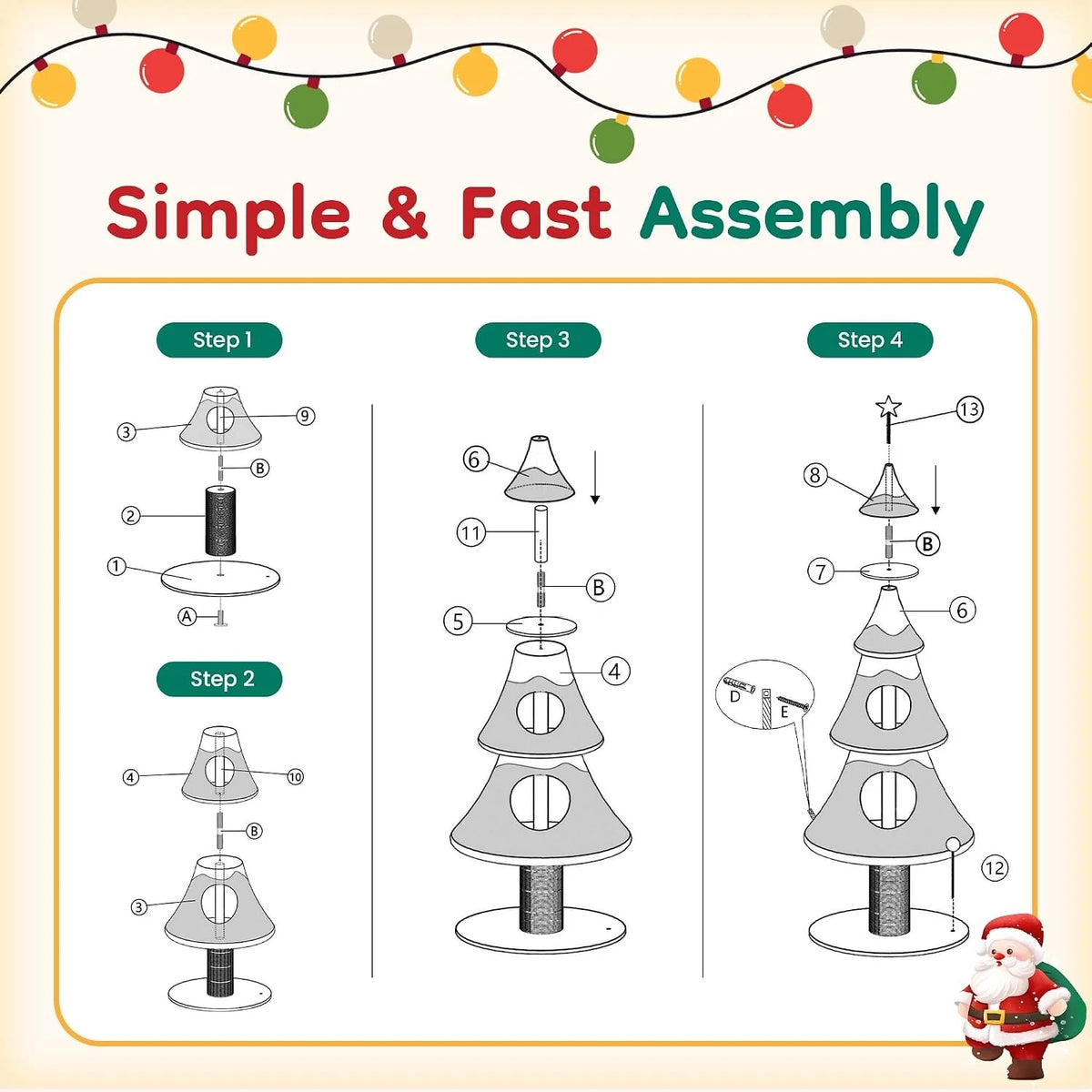62" Christmas Cat Tree Tower, Festive Green Holiday Cat Condo Furniture with Heavy-Duty Base, Sisal Scratching Posts & Cozy Perch, Sturdy Indoor Climbing Gym for Large Cats