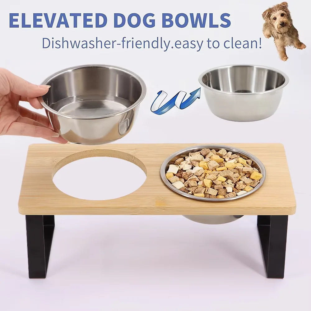Elevated Cat Bowls With Wooden Stand And Stainless Steel Bowls
