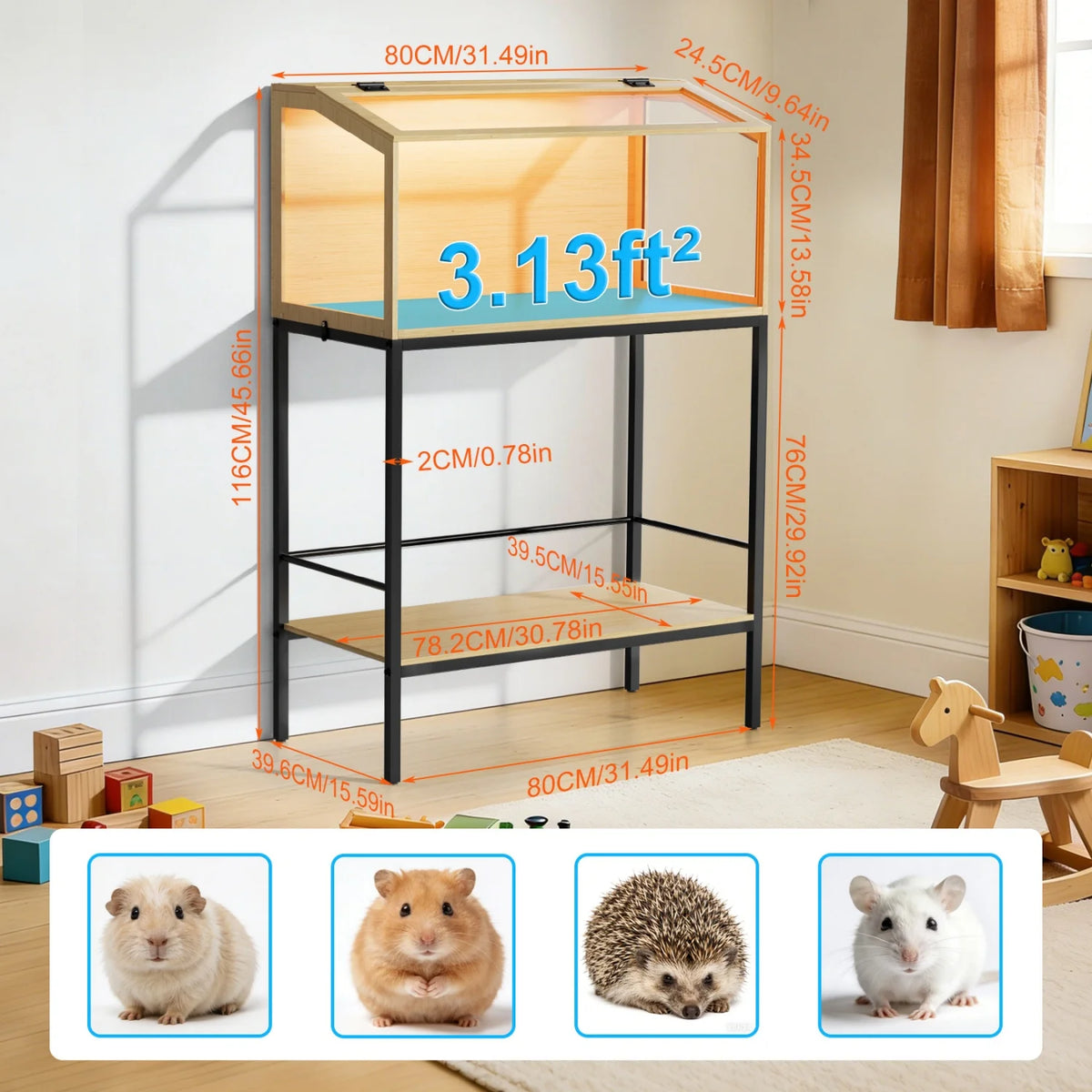 Chewproof Wooden Hamster Cage With Glass And Led Lighting