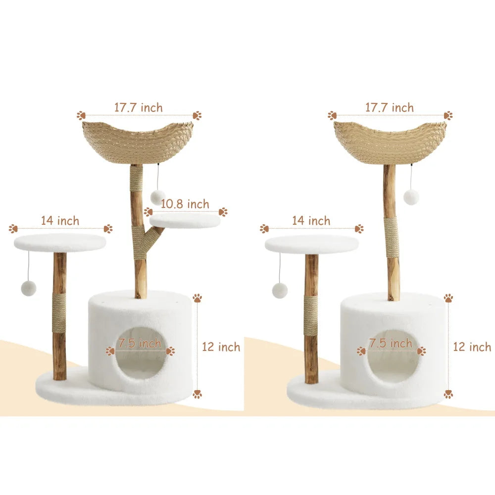 43 Inch Wooden Cat Tree Tower Rattan Design Multi Level Climbing Furniture with Perches Scratching Post And Resting Areas for Indoor Cats