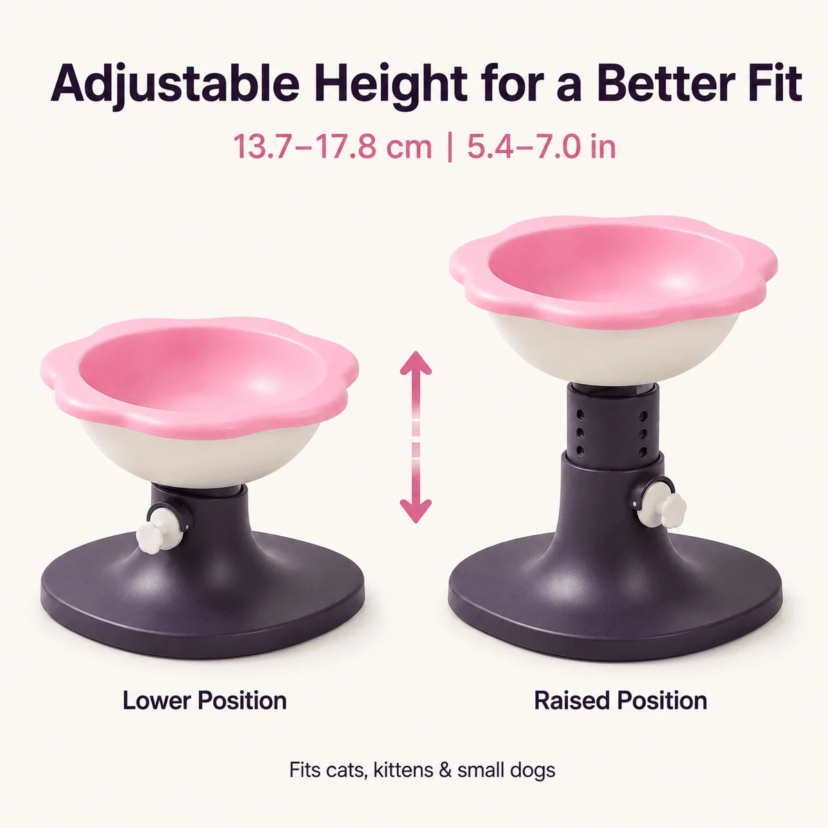 Adjustable Elevated Cat Bowl with Tilted Angle, Whisker-Friendly Raised Pet Feeding Bowl for Cats & Small Dogs, Neck Protection