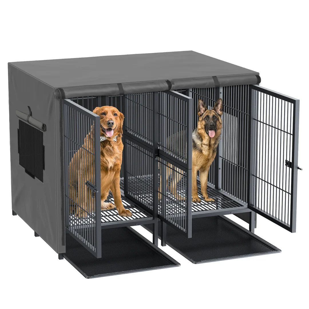 2 in 1 Large Heavy Duty Metal Dog Cage Double Dog Crate Kennel with Removable Divider for 2 Dogs