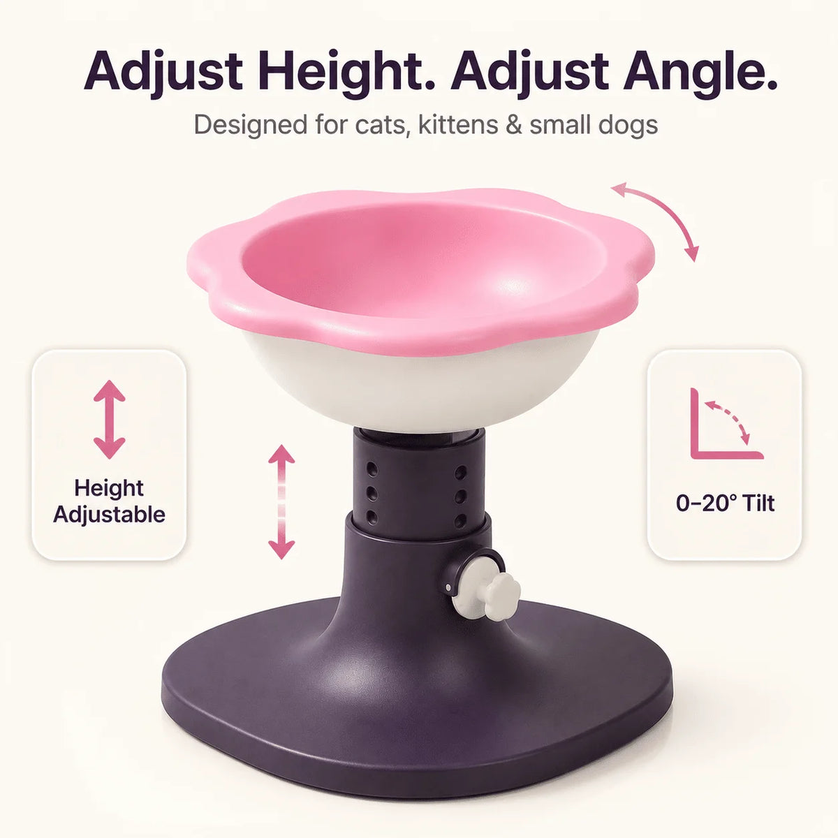 Adjustable Elevated Cat Bowl with Tilted Angle, Whisker-Friendly Raised Pet Feeding Bowl for Cats & Small Dogs, Neck Protection
