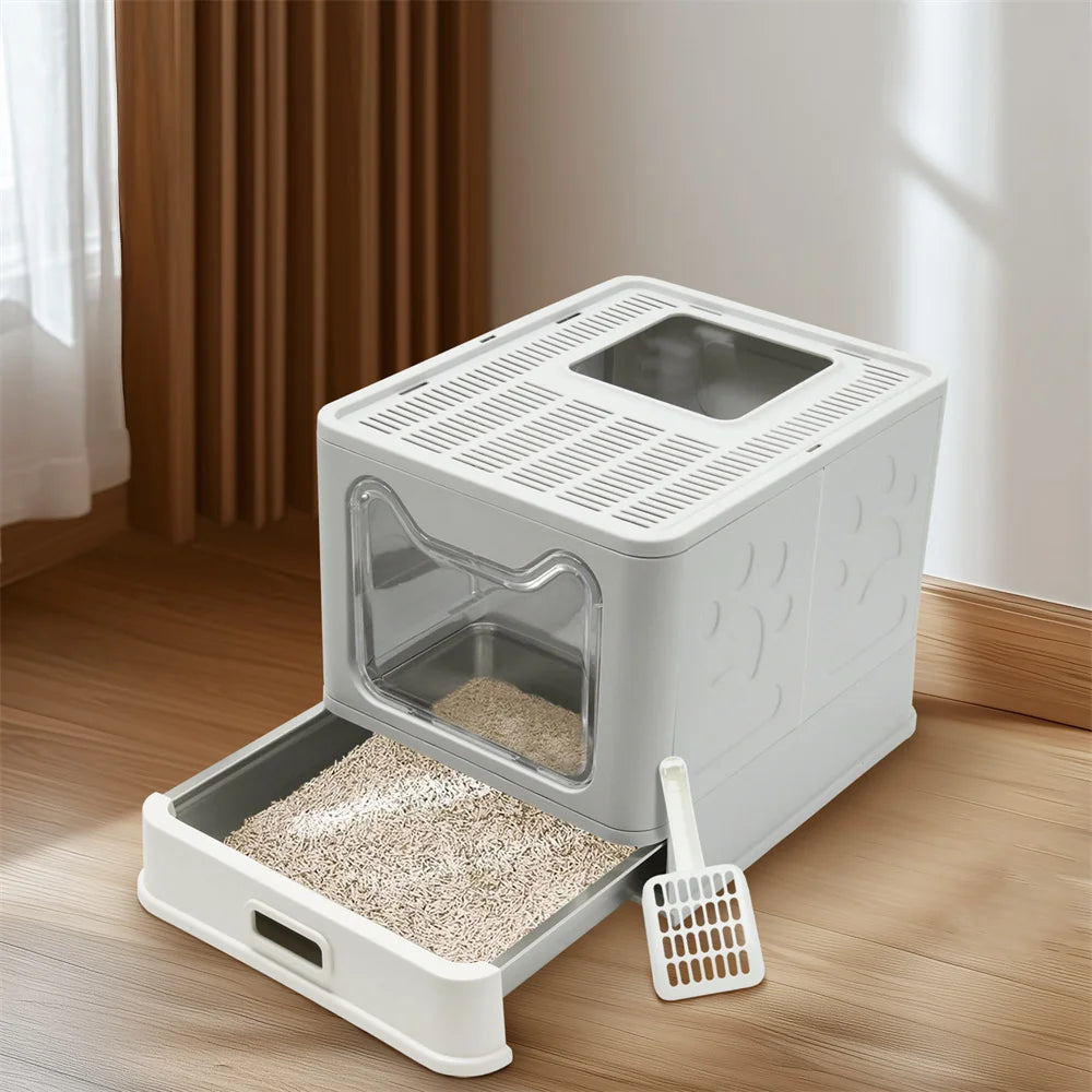 Enclosed Top Entry Stainless Steel Cat Litter Box With Scoop