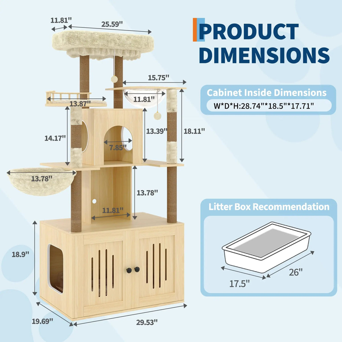 Multi-Level Cat Tree with Hidden Litter Box Enclosure Sisal Scratching Posts Condo & Hammock for Large Indoor Cats Modern Litter Box Furniture
