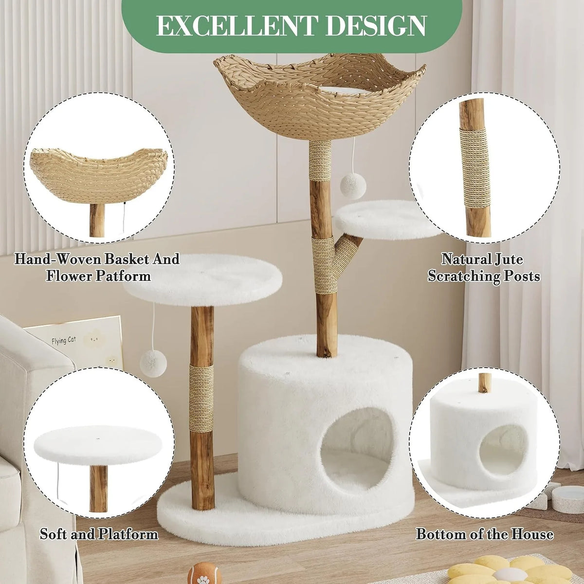 43 Inch Wooden Cat Tree Tower Rattan Design Multi Level Climbing Furniture with Perches Scratching Post And Resting Areas for Indoor Cats