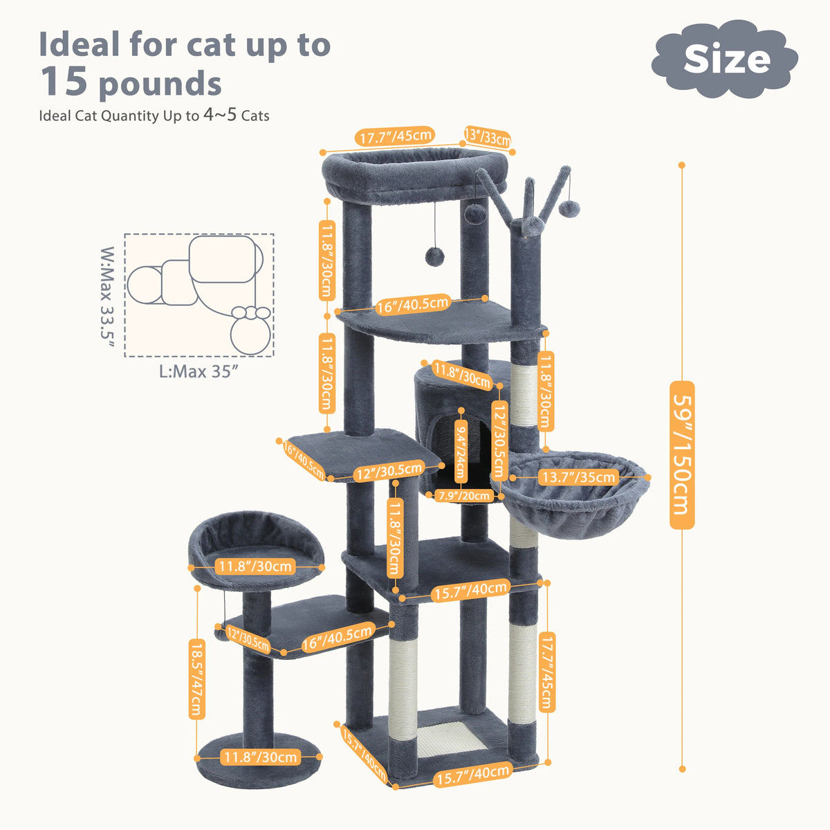 PEQULTI Multi-Level Cat Tree Scratching Post Hammock Perches