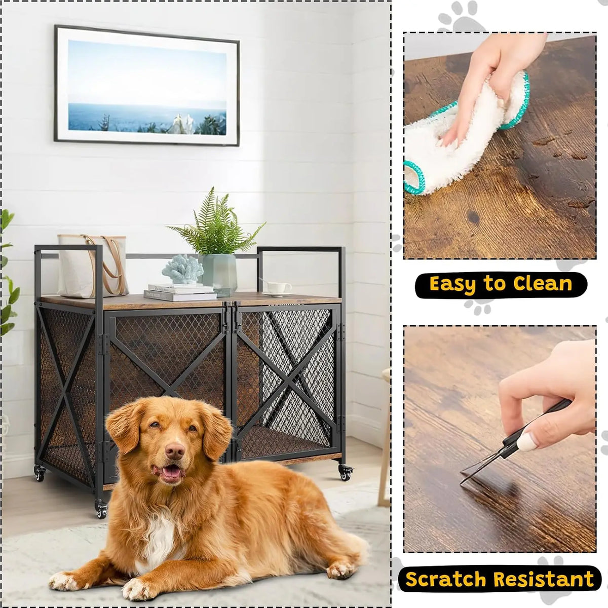 Heavy Duty Dog Kennels Metal Wooden Dog Crate End Table Furniture Style with Wheels and Double Doors Pet Cage for Dog Cat Rabbit Pet for Indoor Living Room