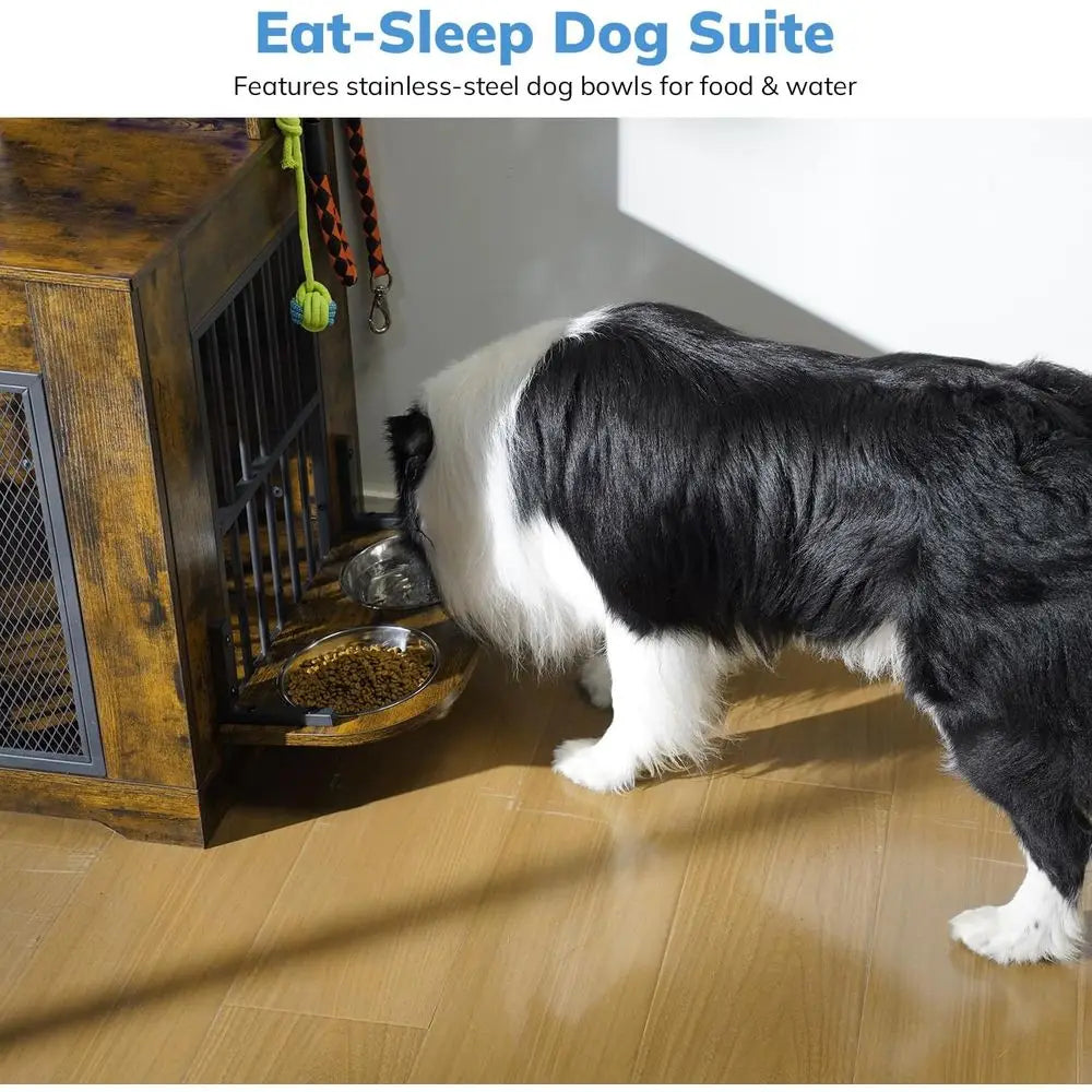 Heavy Duty Indoor Dog Crate Furniture With Storage And Bowls