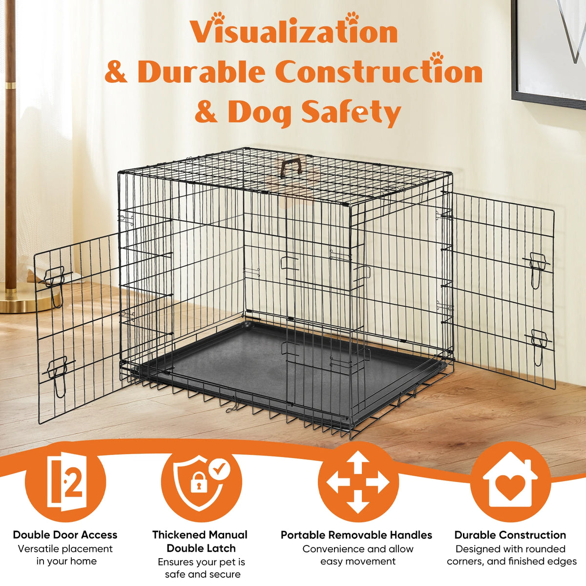 JHK Double Door Folding Dog Kennel With Leakproof Pan Tray
