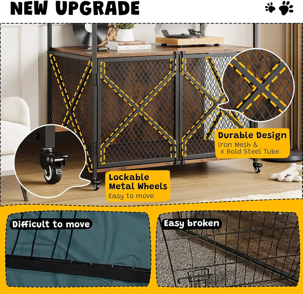 Heavy Duty Dog Kennels Metal Wooden Dog Crate End Table Furniture Style with Wheels and Double Doors Pet Cage for Dog Cat Rabbit Pet for Indoor Living Room