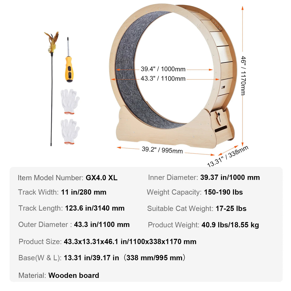 Wooden Cat Exercise Treadmill Wheel With Detachable Carpet And Teaser