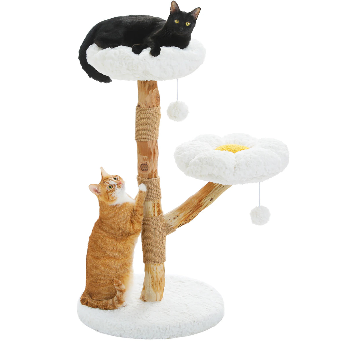 Modern Cat Tree Tower with Natural Solid Wood Scratching Posts Spacious Wicker Basket Luxury Cat Condo Bed for Indoor Cat Toys