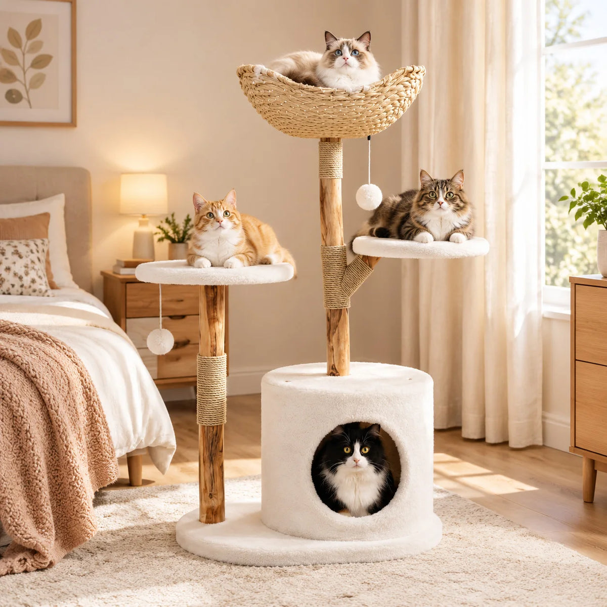 43 Inch Wooden Cat Tree Tower Rattan Design Multi Level Climbing Furniture with Perches Scratching Post And Resting Areas for Indoor Cats