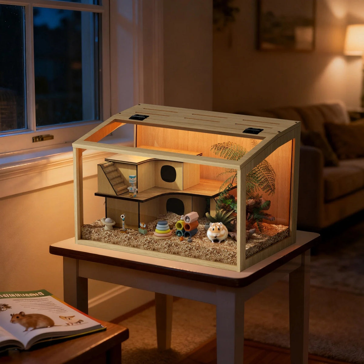 Chewproof Wooden Hamster Cage With Glass And Led Lighting