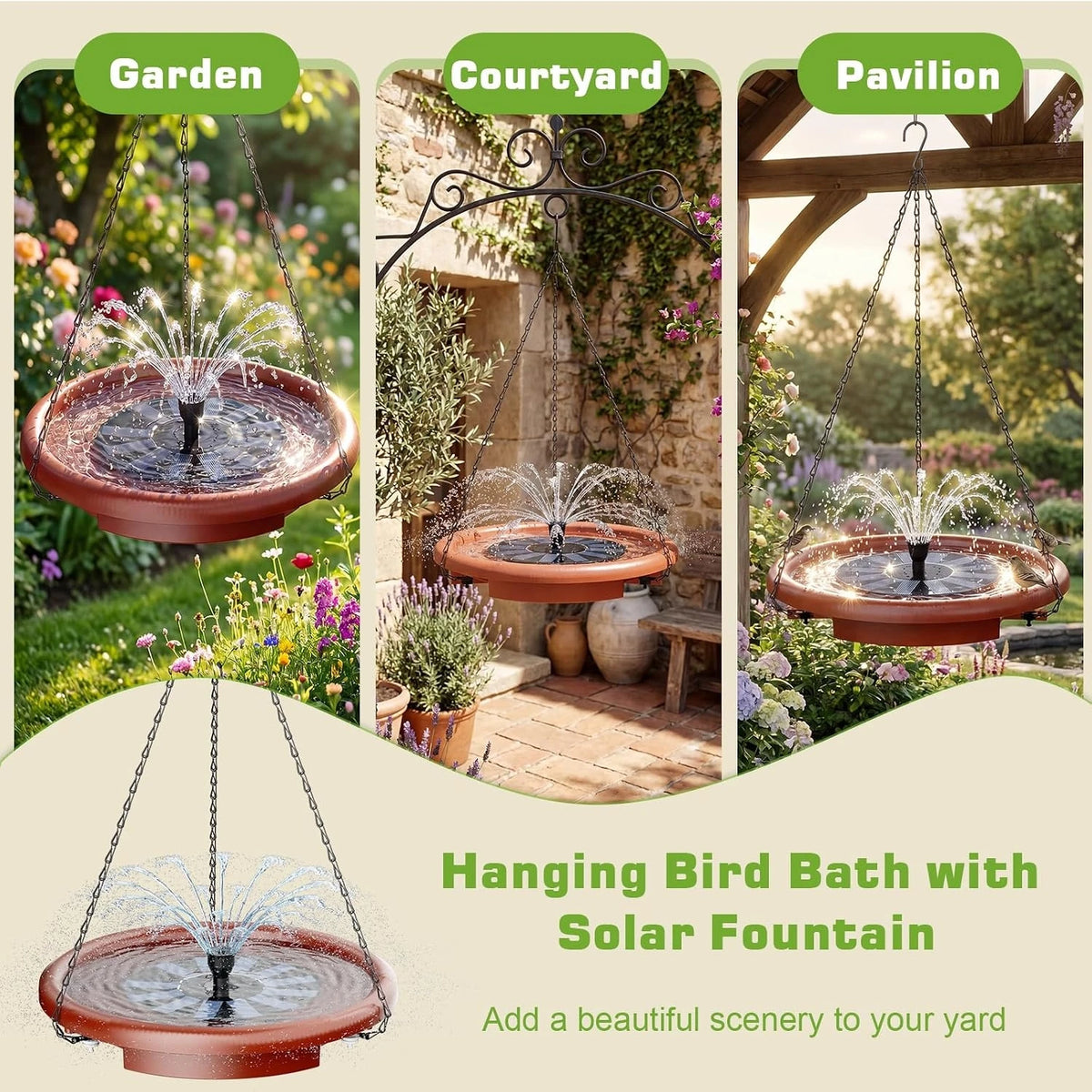 Hanging Solar Bird Bath With Fountain And Feeder For Gardens