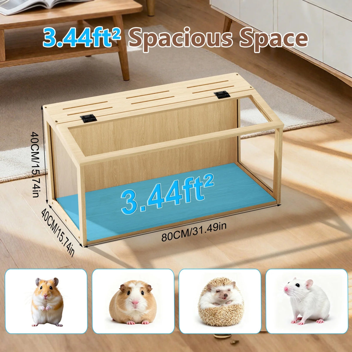 Chewproof Wooden Hamster Cage With Glass And Led Lighting