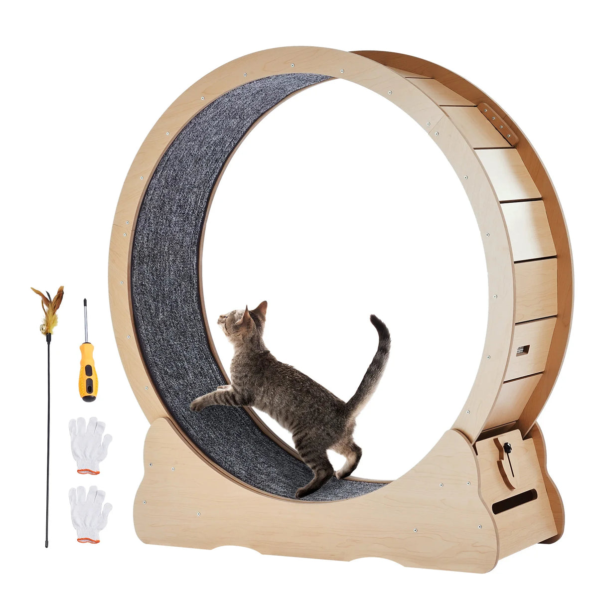 Wooden Cat Exercise Treadmill Wheel With Detachable Carpet And Teaser