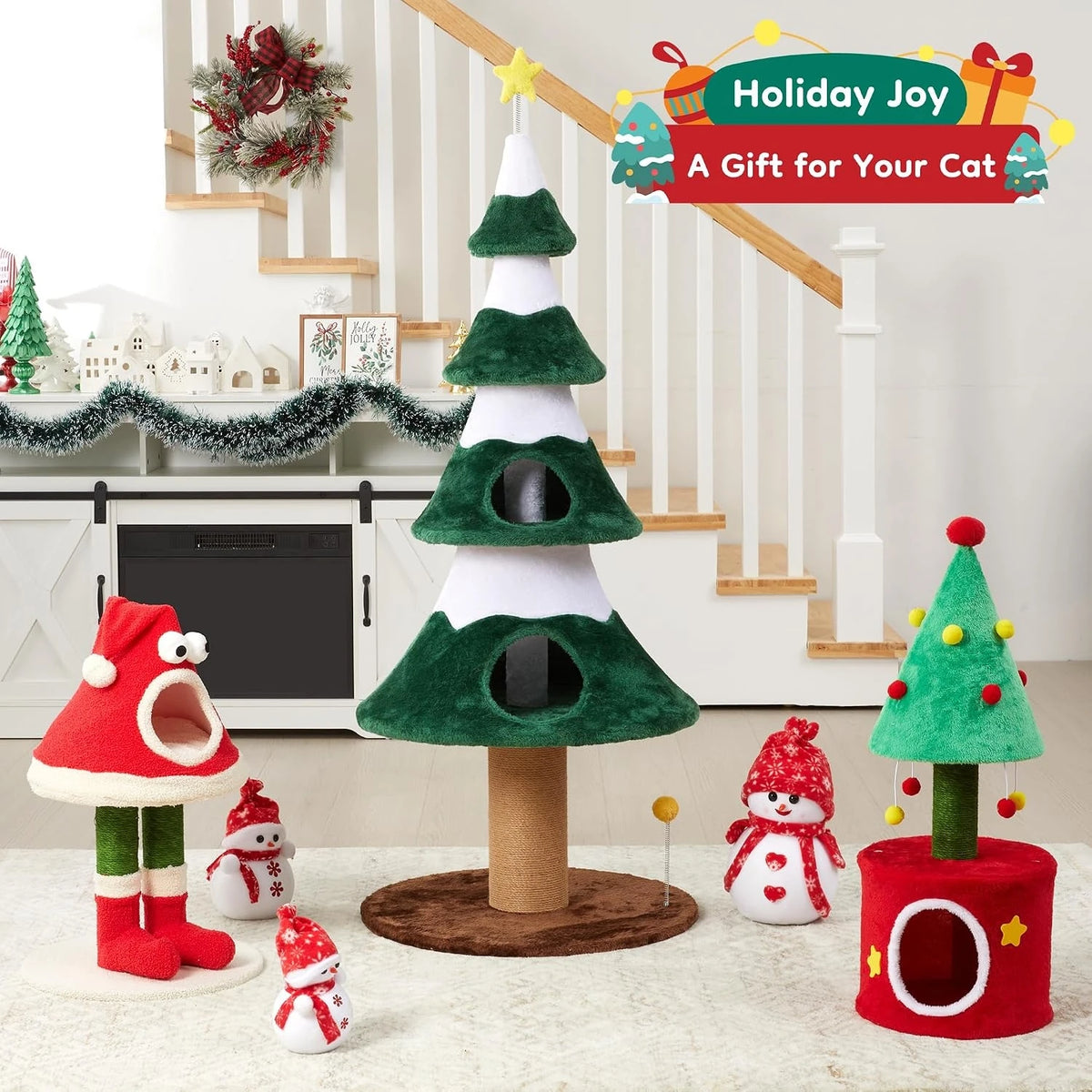 62" Christmas Cat Tree Tower, Festive Green Holiday Cat Condo Furniture with Heavy-Duty Base, Sisal Scratching Posts & Cozy Perch, Sturdy Indoor Climbing Gym for Large Cats