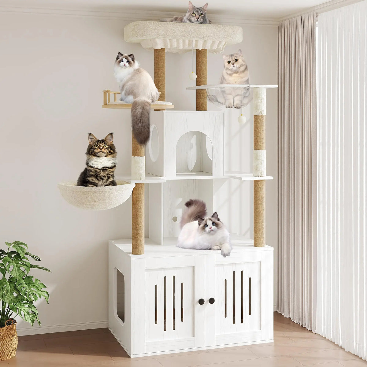 Multi-Level Cat Tree with Hidden Litter Box Enclosure Sisal Scratching Posts Condo & Hammock for Large Indoor Cats Modern Litter Box Furniture